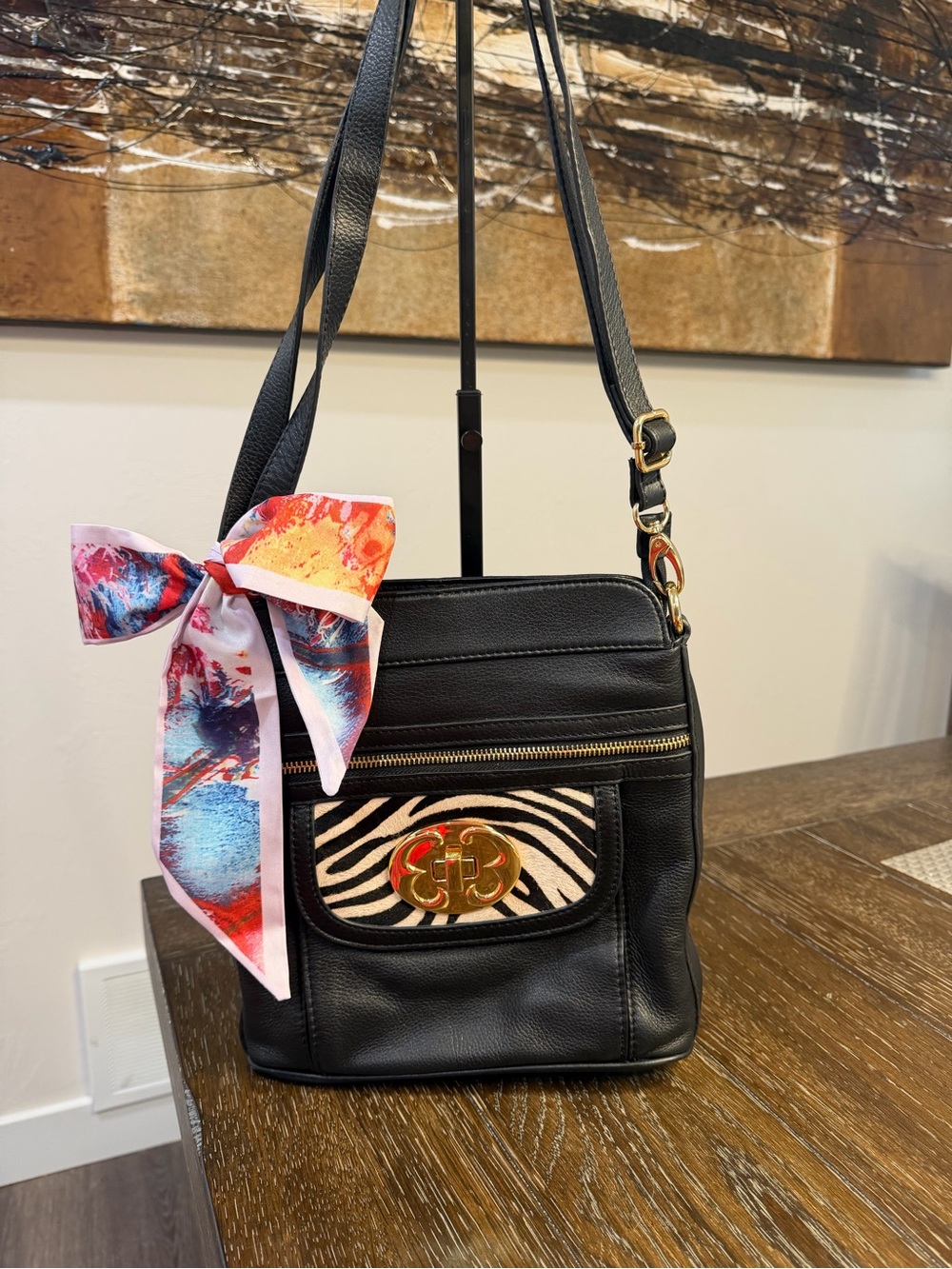 Emma Fox Black Leather Crossbody Bag with Zebra Accent